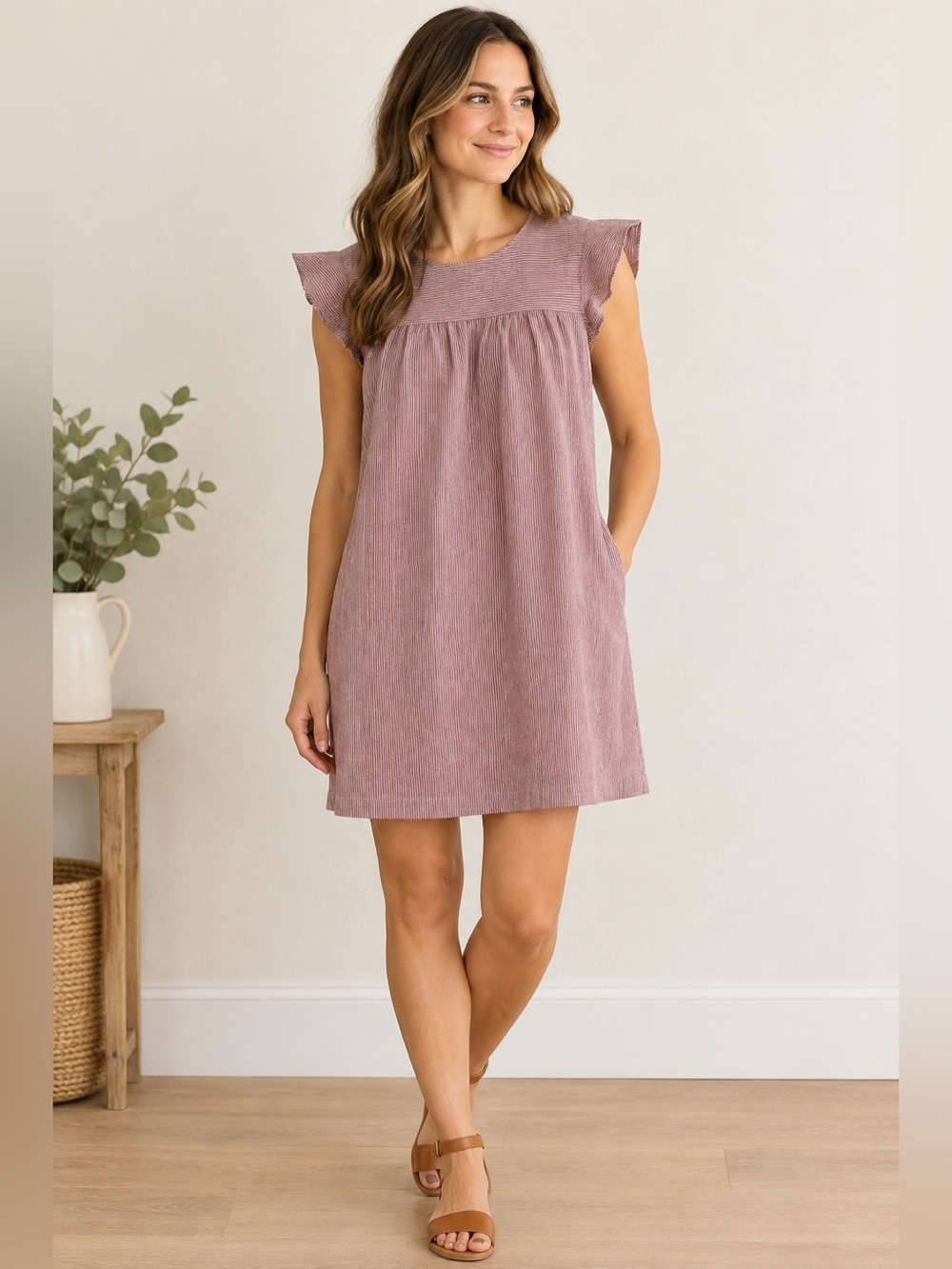 Cynthia Rowley Linen Cap Sleeve Dress, Red White Stripe Pockets